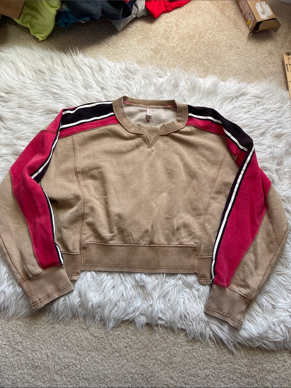 FP Movement by Free People Beige Crewneck Sweater with Pink and Black Stripes